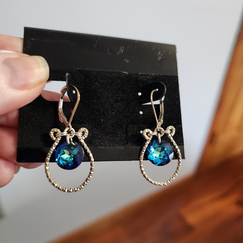 Blue Crystal Drop Hoop Earrings - Women Jewelry